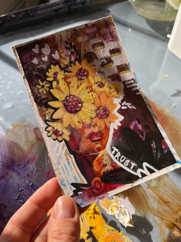 “trust” sunflower portrait painting prayer card
