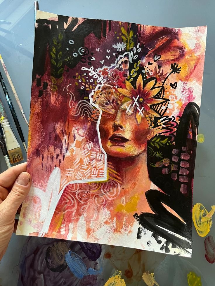 “grow” abstract expressionist sunflower portrait painting on paper