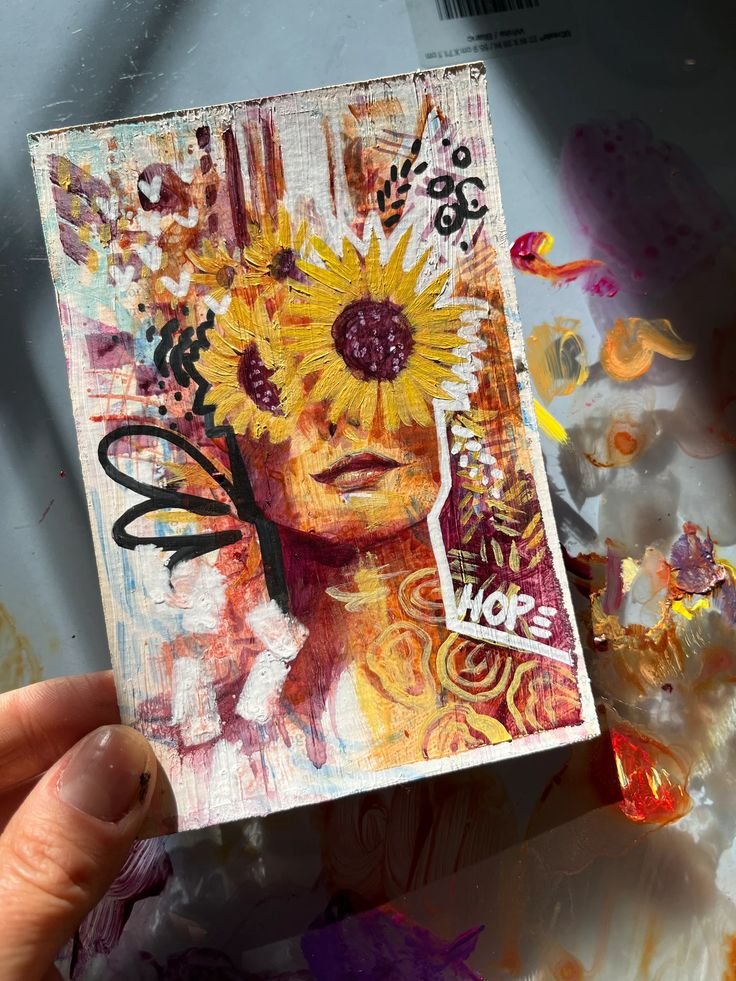 “hope” abstract expressionist sunflower portrait painting prayer card