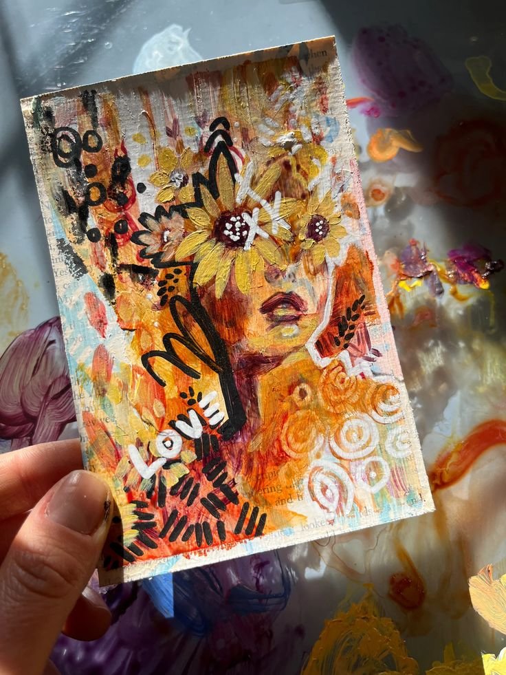 “love” abstract expressionist sunflower portrait painting prayer card
