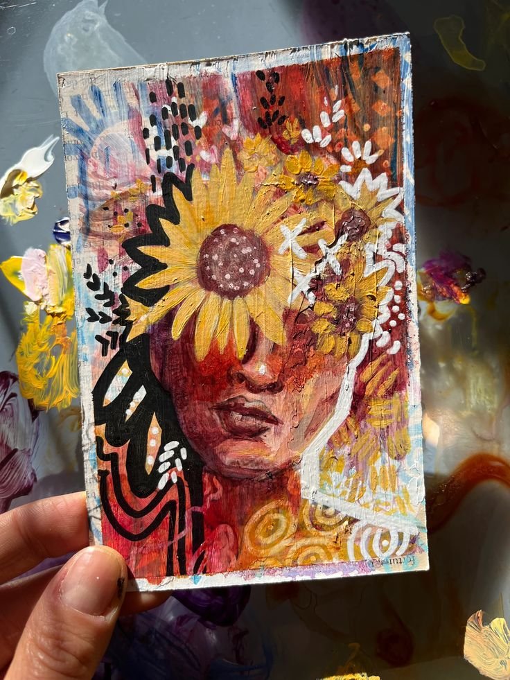 “shine” abstract expressionist sunflower portrait painting prayer card