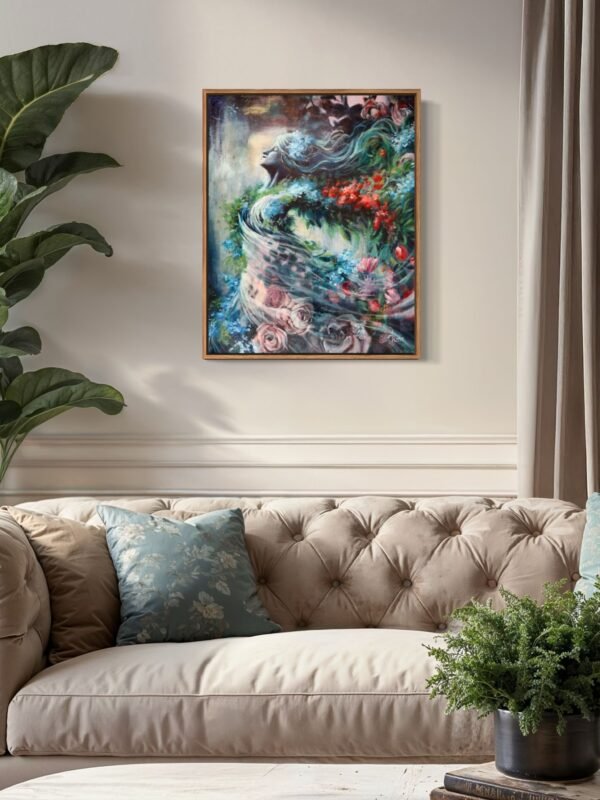 bringer of spring oil painting over couch