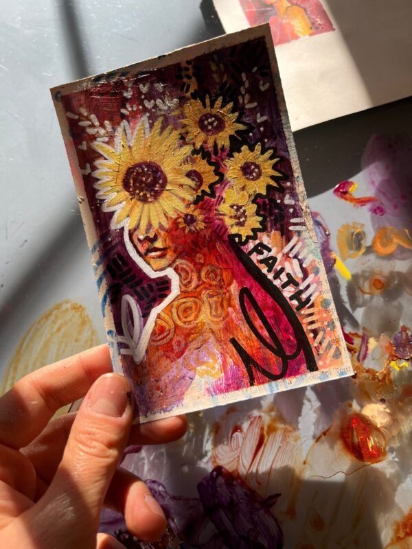 “faith” sunflower portrait painting prayer card