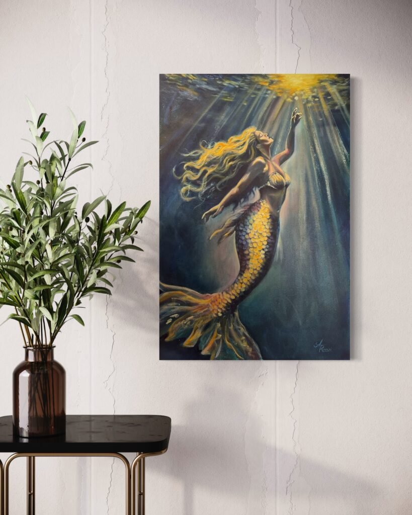 painting of mermaid swimming toward the surface