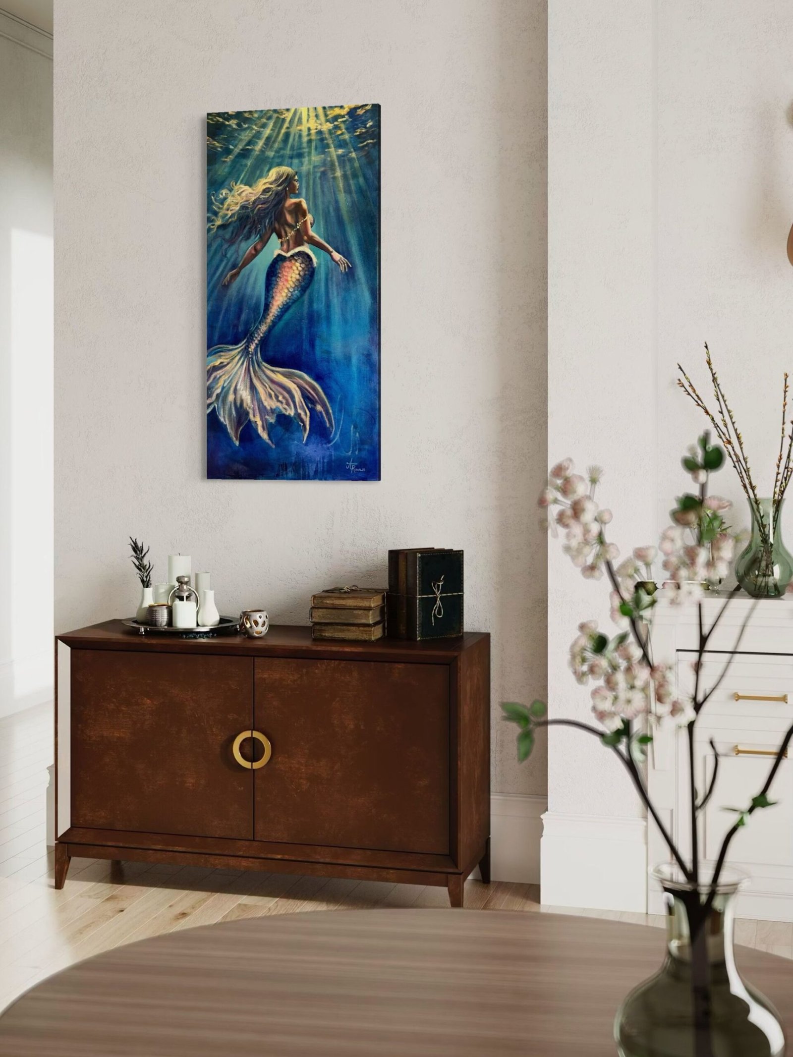 large mermaid painting in room